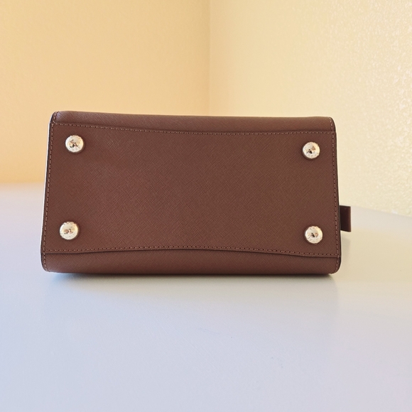 Michael Kors MK Classic Logo Hudson Saffiano Leather Handbag Satchel Brown Gold - Picture 9 of 16